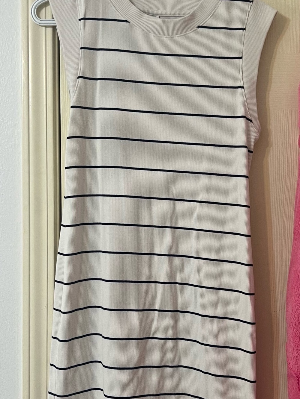 Sleeveless White and Black Striped Knit Dress